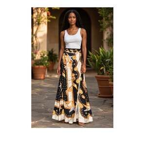 GUESS Dora Black Gold Seashell Starfish Chain Scarf Print Maxi Skirt L